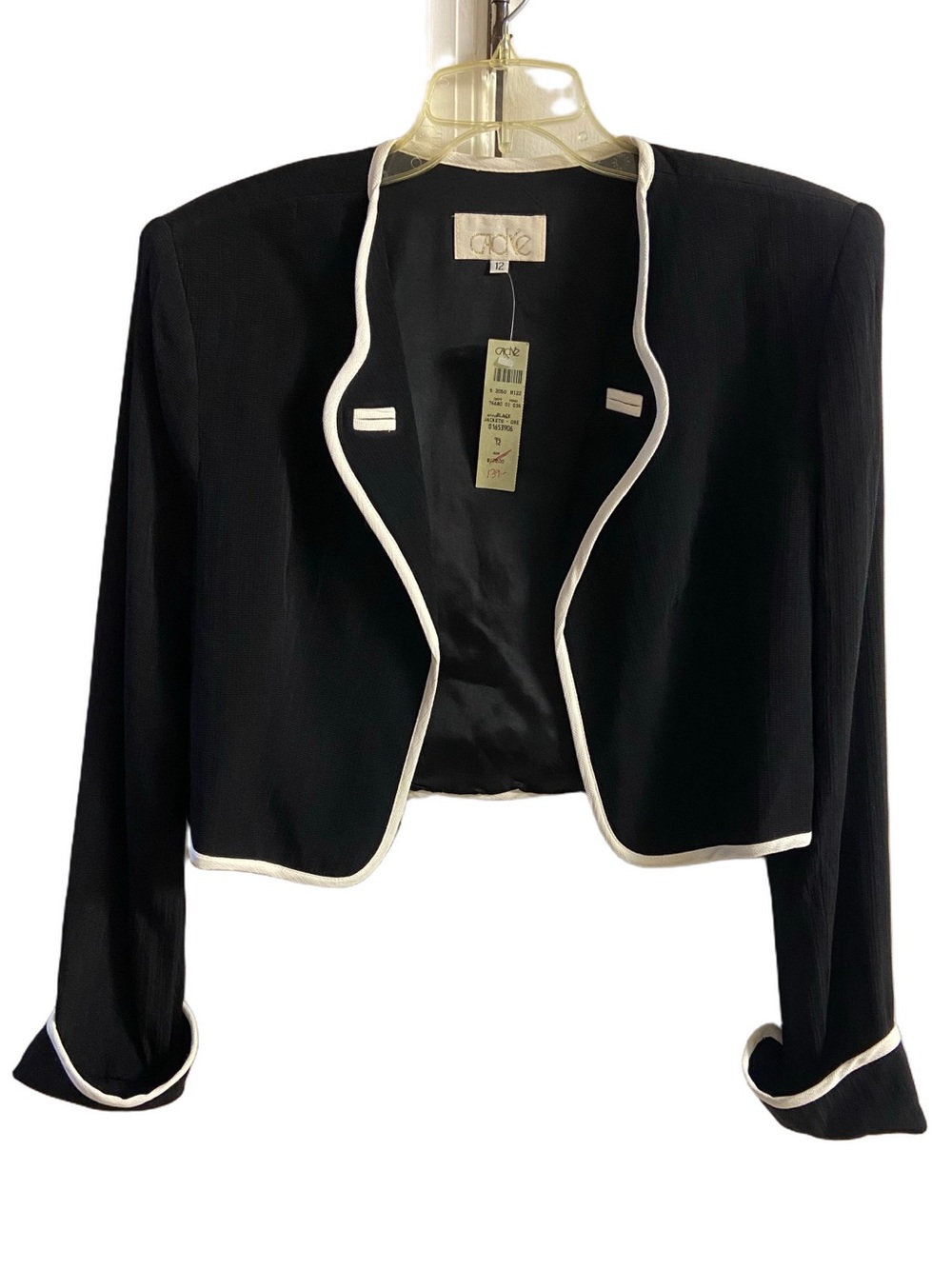 Caché Vintage Black & White Piping Cropped Open Front Blazer Jacket Sz 12 NWT